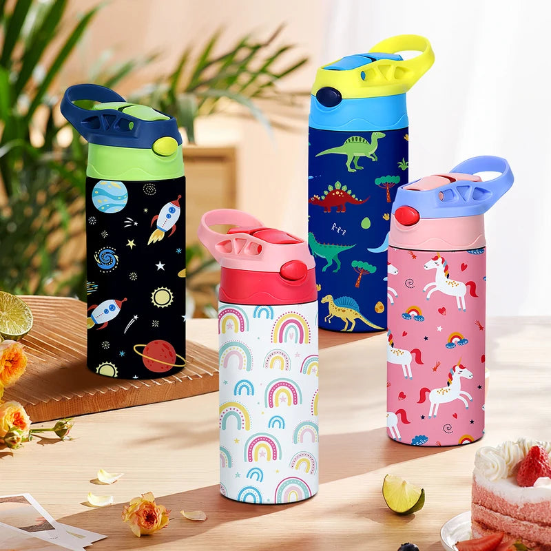 350ml Insulated Cartoon Kids Water Bottle with Straw - Animal Pattern Thermos Mug