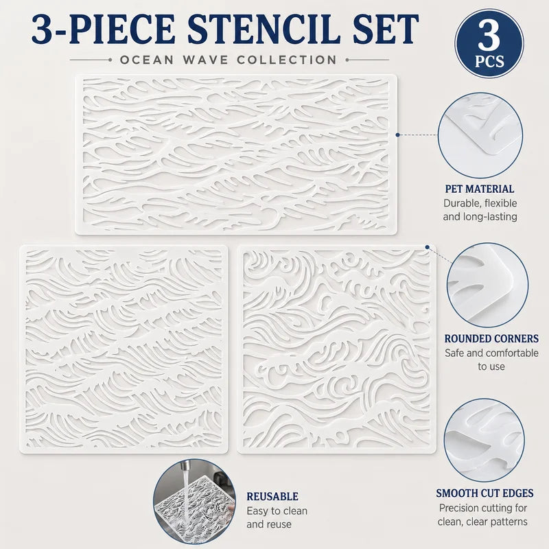 Wave Stencil Set for DIY Wall Wood Fabric Painting - Reusable Templates, 3 Pieces