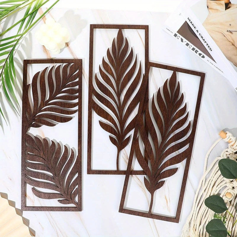 14-inch Wooden Leaf Wall Decor Set - Bohemian Tropical Style, Indoor & Outdoor Hanging