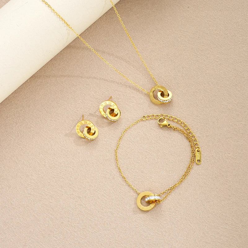 Gold Color Stainless Steel Jewelry Set with Necklace Bracelet Earrings for Women - Interlocking Circles & Roman Numerals - 4 Pieces