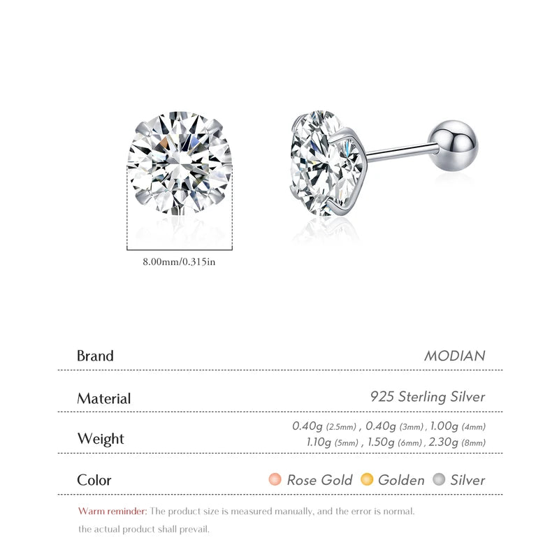 Multicolor 925 Sterling Silver Beads Screw Earrings - CZ Round Studs for Women
