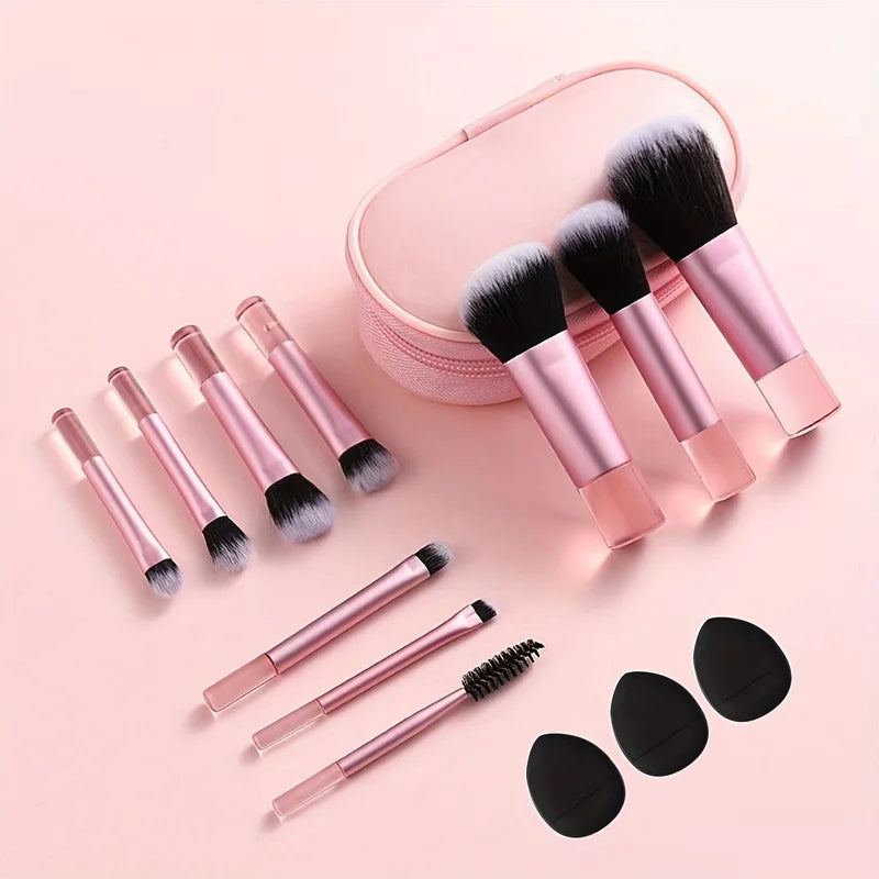 Mini Makeup Brush Set with Travel Size Puffs - Soft Bristles for Face & Eye Makeup
