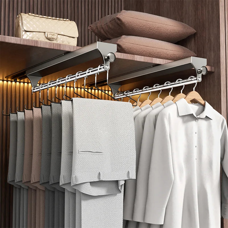 Adjustable Telescopic Closet Clothes Rail - Pull Push Top Mount Hanging Rod