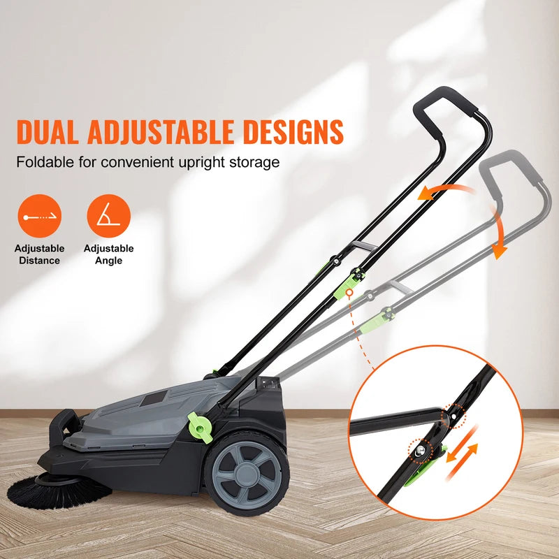 Walk-Behind Hand Push Floor Sweeper 25.6-inch Sweeping Width with Large Waste Container