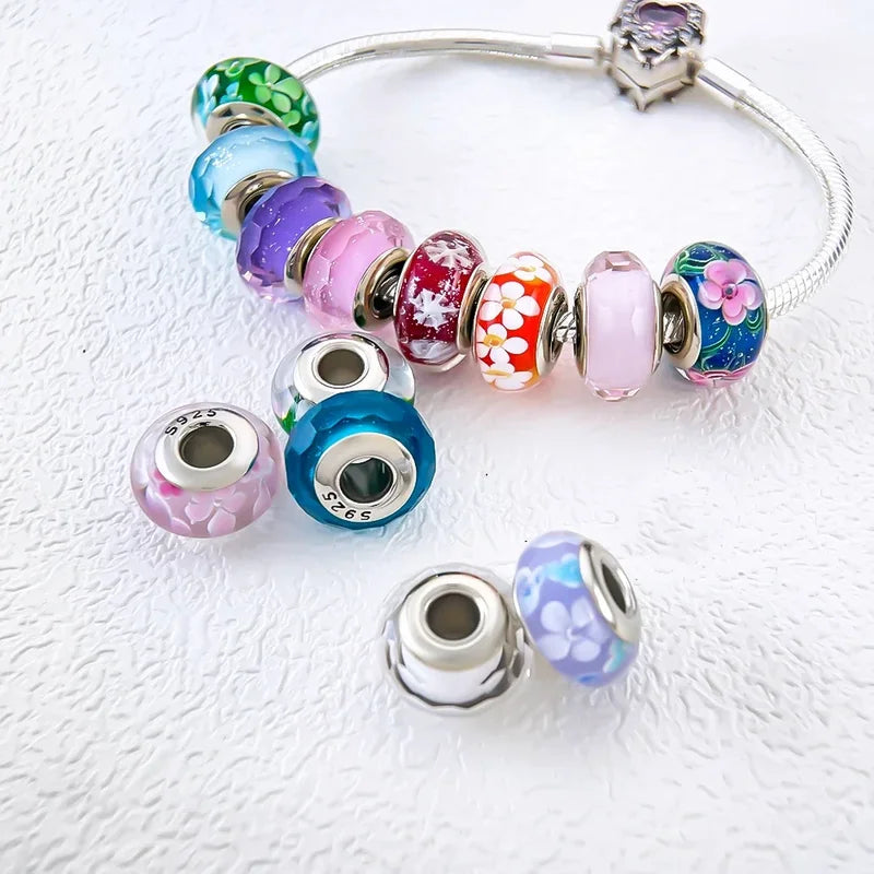 925 Silver Beads Heart Flower Murano Glass DIY Jewelry Charms for Women