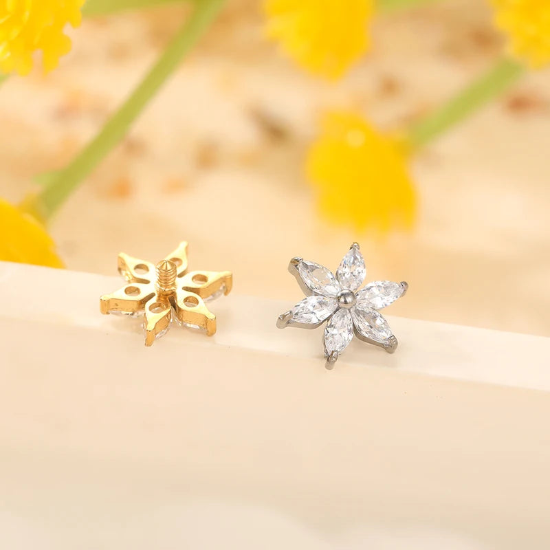 Titanium Dermal Anchor Top with CZ Flower Head - Body Jewelry 14G