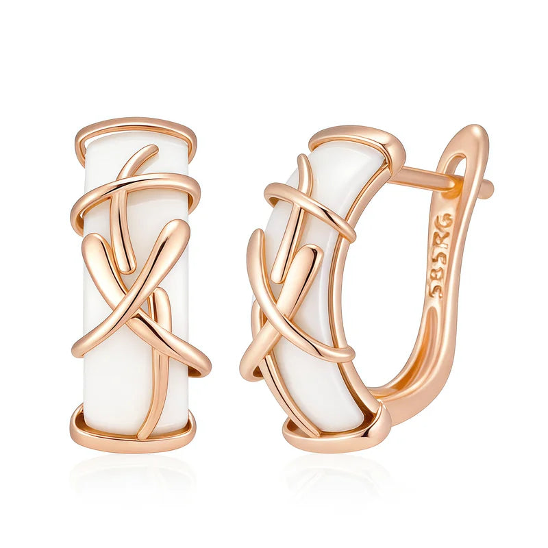 White Ceramic Drop Earrings for Women - 19x7mm Rose Gold Jewelry