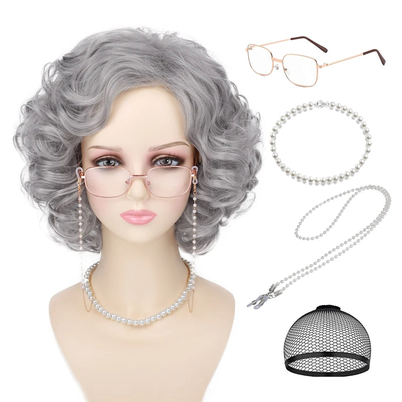 Gray Short Curly Wig Accessories 5-Piece Set for Women and Cosplay