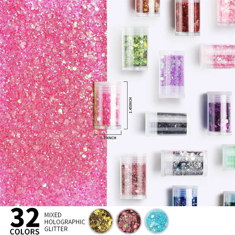 32 Color Glitter Powder Set for Face Body Nails Crafts and Art Projects