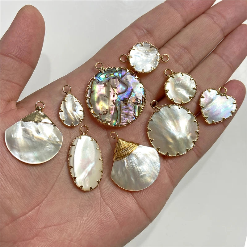 2-Piece Natural Mother-of-Pearl Shell Heart & Fan Pendant Jewelry Set - Handmade