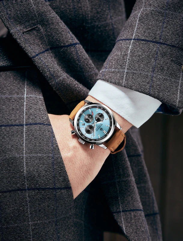 Luxury Men's Sport Watch with Sky Blue Dial Waterproof Chronograph Leather Strap
