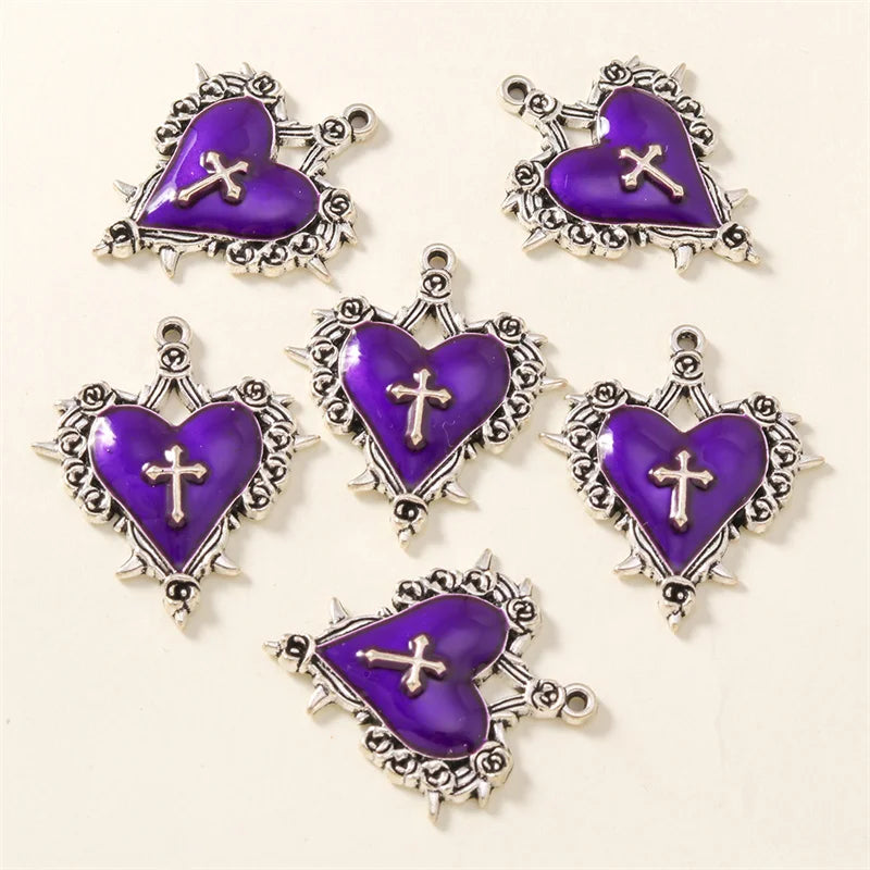10pcs Enamel Steampunk Gothic Cross Heart Charms for Jewelry DIY Necklace & Earring Making