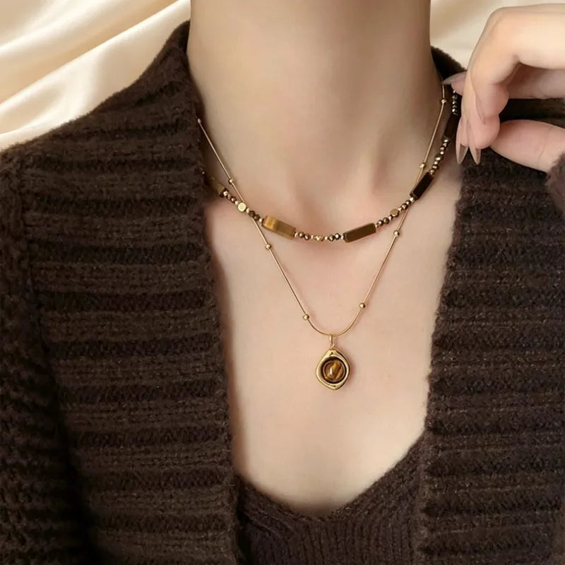 Retro Tiger Eye Pendant Necklace for Women Jewelry Layered Collarbone Chain