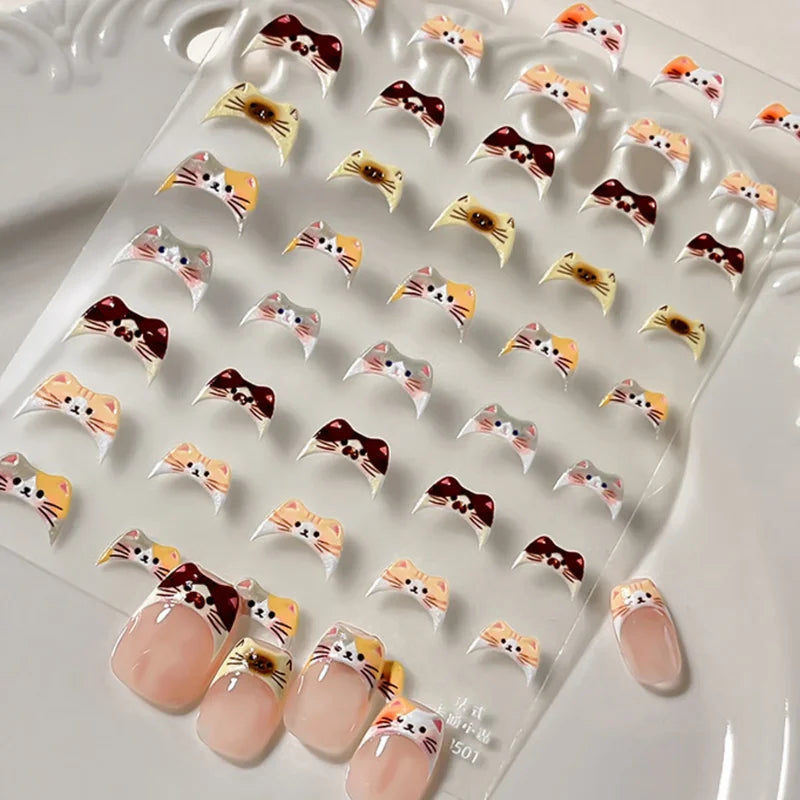 Cute Japanese Style 5D Cat Nail Stickers Kawaii Cartoon Kitten Pattern for DIY Manicure
