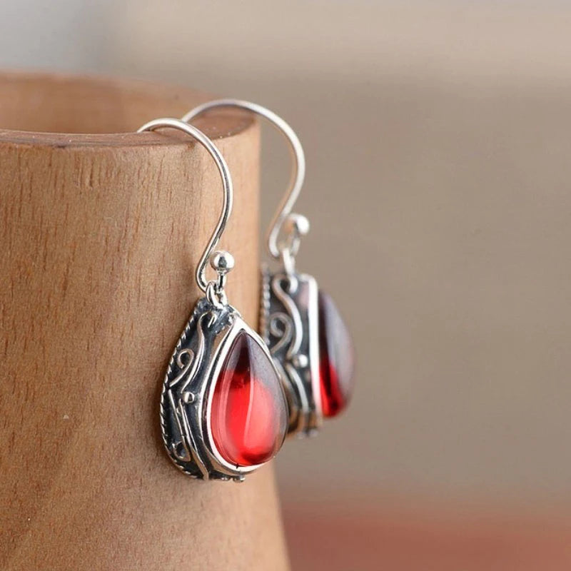 Ethnic Style Drop Earrings for Women with Carved Pattern - Pear Stone Dangle Jewelry