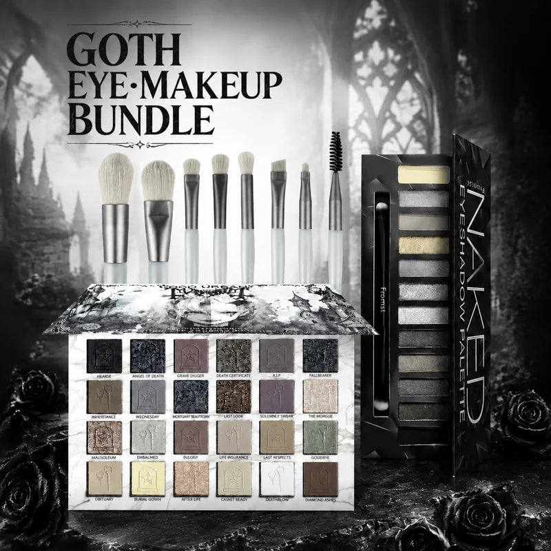 Gothic Core Eyeshadow Palette with 8 Makeup Brushes - Dark Tones, High Pigment, Vegan Formula