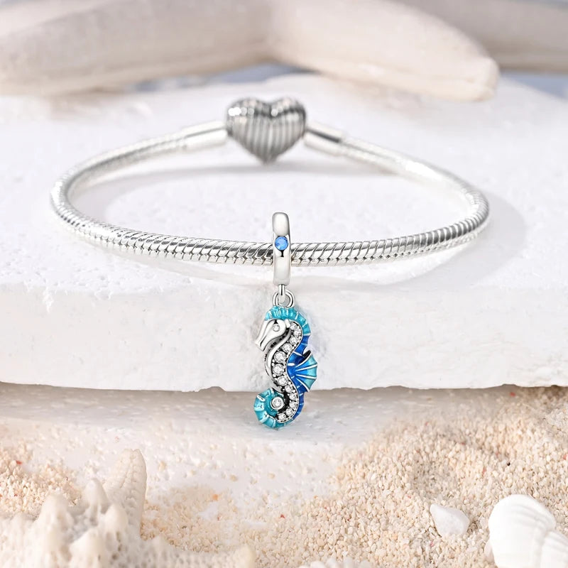 Sterling Silver Charm Bead Set with Tortoise Whale Shark Seahorse Dolphin Starfish for Jewelry Making