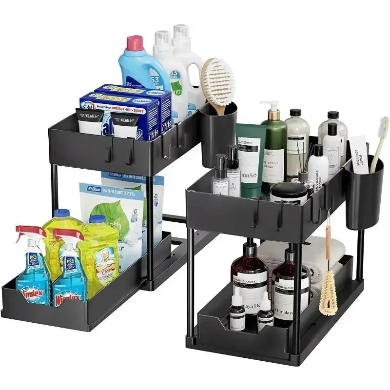 2-Tier Multi-Function Kitchen Sink Organizer with Sliding Drawers and Hooks