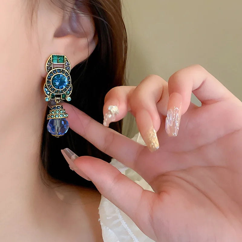 Vintage Blue Water Drop Crystal Earrings for Women - Rhinestones, Round Ear Clips, Retro Party Jewelry
