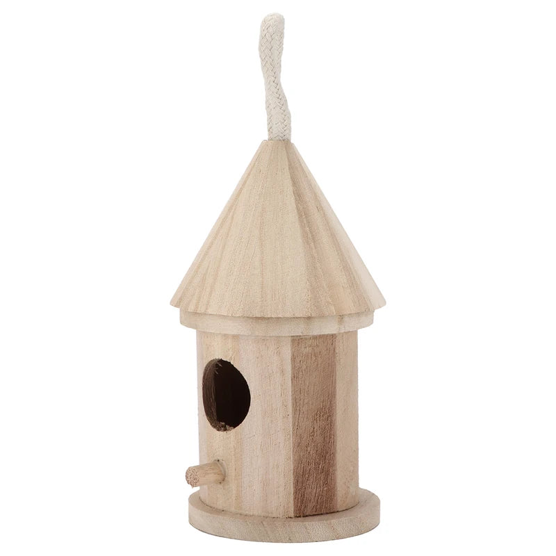 Wooden Hanging Bird House with Cotton Rope - Outdoor Garden Decoration
