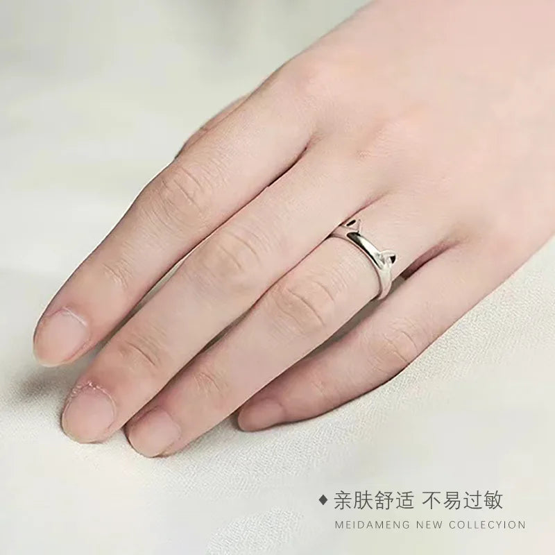 Cute Cat Ear Slim Face Ring in 925 Sterling Silver — Fashion Animal Jewelry