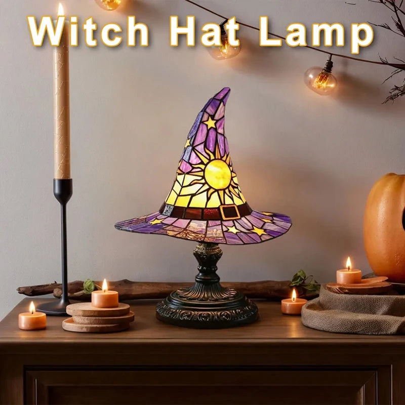 Stained Glass Witch Hat Night Light - USB Powered Table Lamp for Bedroom & Living Room Decor