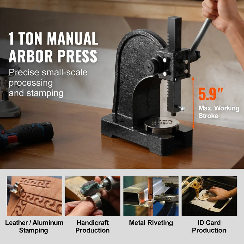 1 Ton Manual Arbor Press Cast Iron Heavy-Duty Hand Press for Metal and Leather Stamping