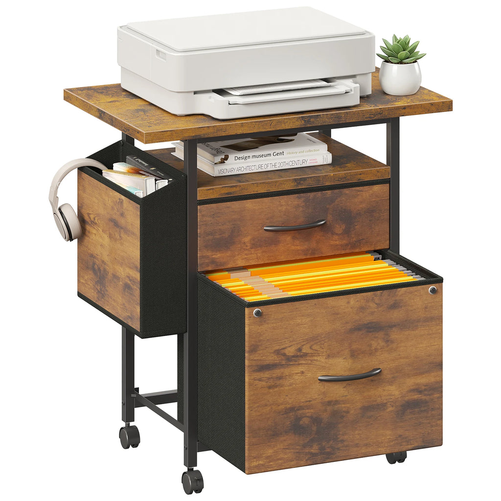Mobile File Cabinet with 2 Fabric Drawers and Open Shelf — Rolling Printer Stand with Side Storage