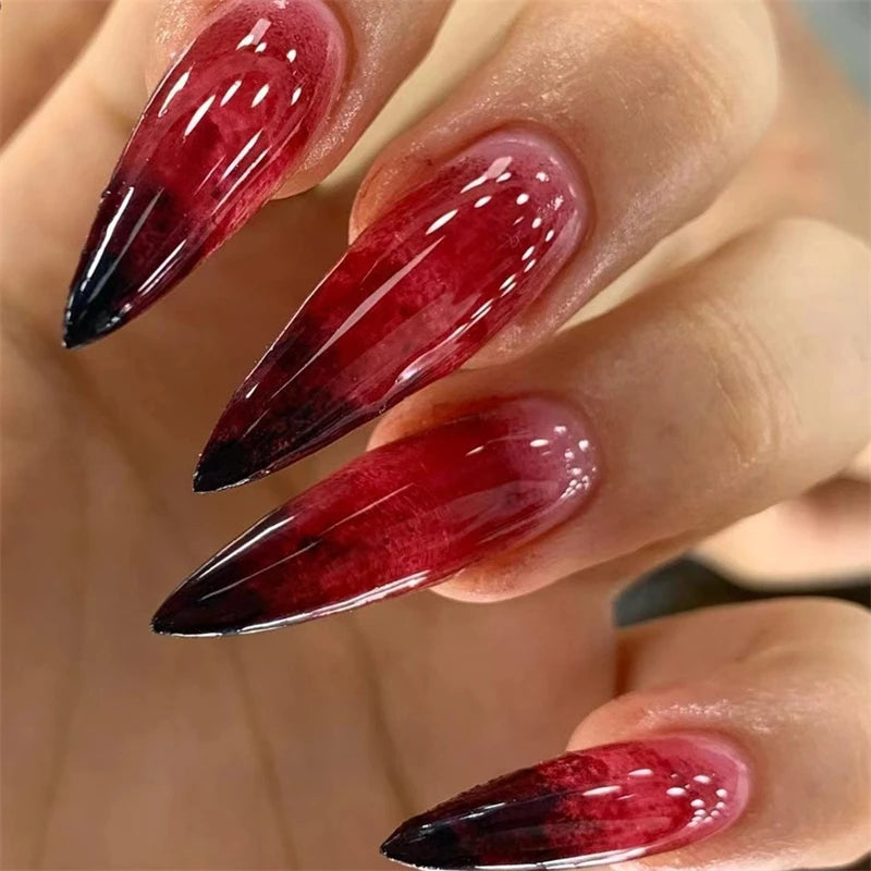 24Pc Halloween Fake Nails Set with Blood Skull Spider Design - Almond Shape, Detachable, Long Acrylic Tips