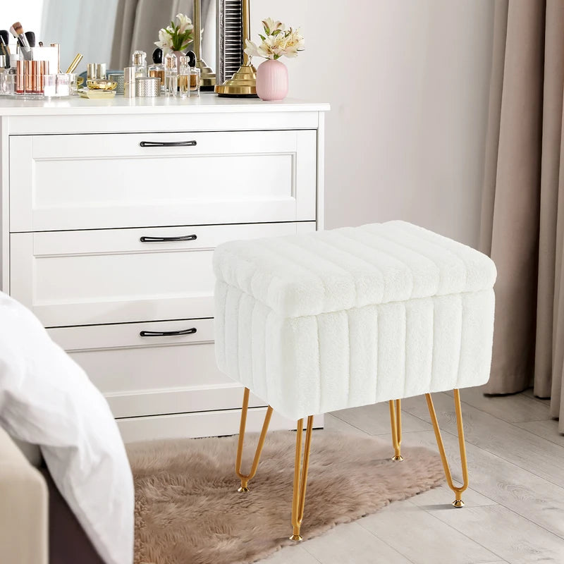 Faux Fur Storage Ottoman with Hidden Compartment, Adjustable Legs, Multi-Use Seat for Living Room