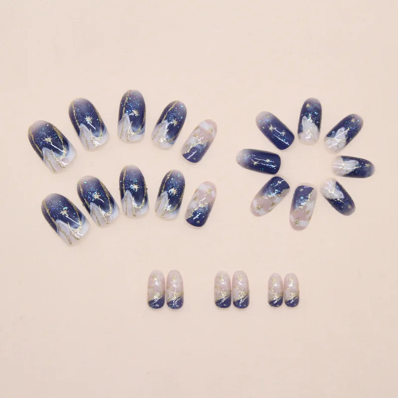 24Pcs Fake Nails Set with Gold Star Pattern - Press On Almond Shape Manicure