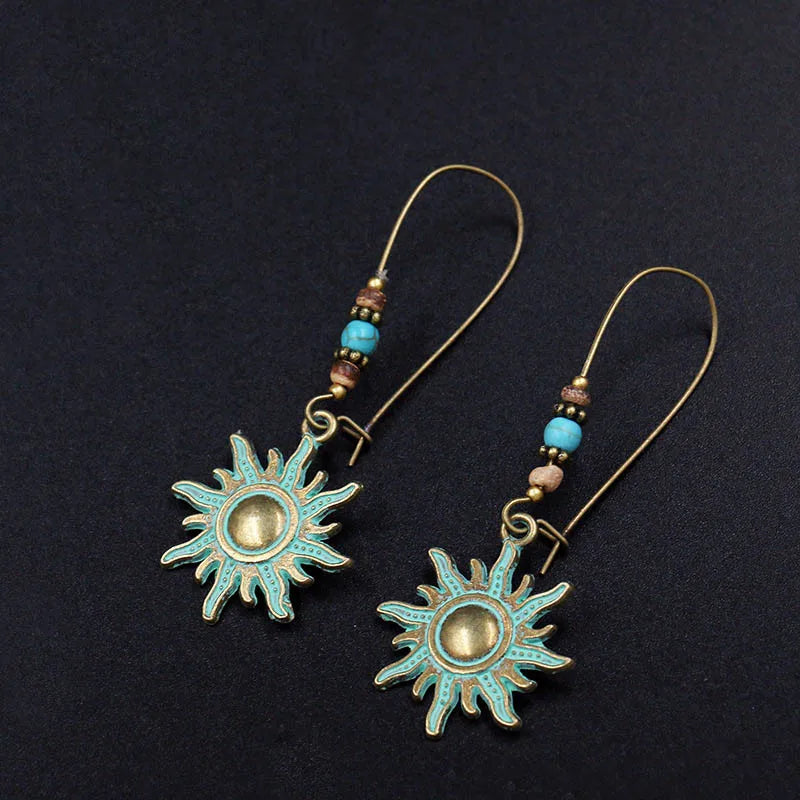 Ethnic Vintage Bohemia Drop Earrings for Women Geometric Leaf Flower Hollow Round Jewelry