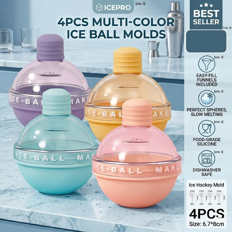4Pcs Large Silicone Ice Ball Molds - Reusable Whiskey & Beverage Ice Maker Set