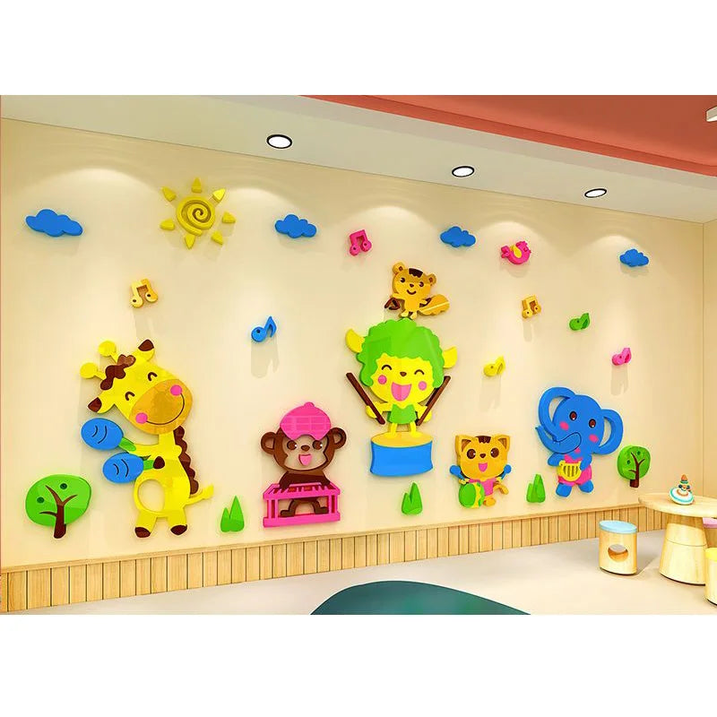 Cartoon Animal 3D Wall Decals for Kids' Classroom and Home Decor
