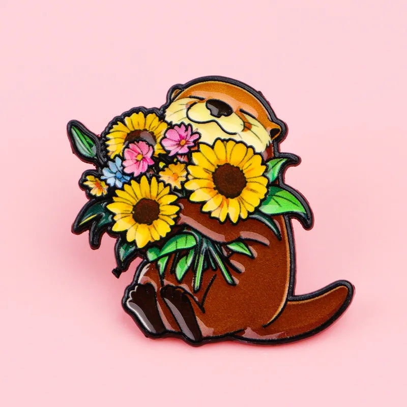 Cute Sunflower Otter Enamel Lapel Pin Jewelry Accessories Gift for Friends