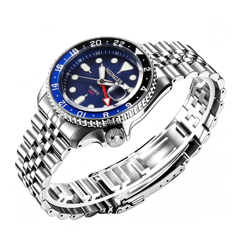 Men's 42mm GMT Quartz Watch with Luminous Hands Waterproof Stainless Steel