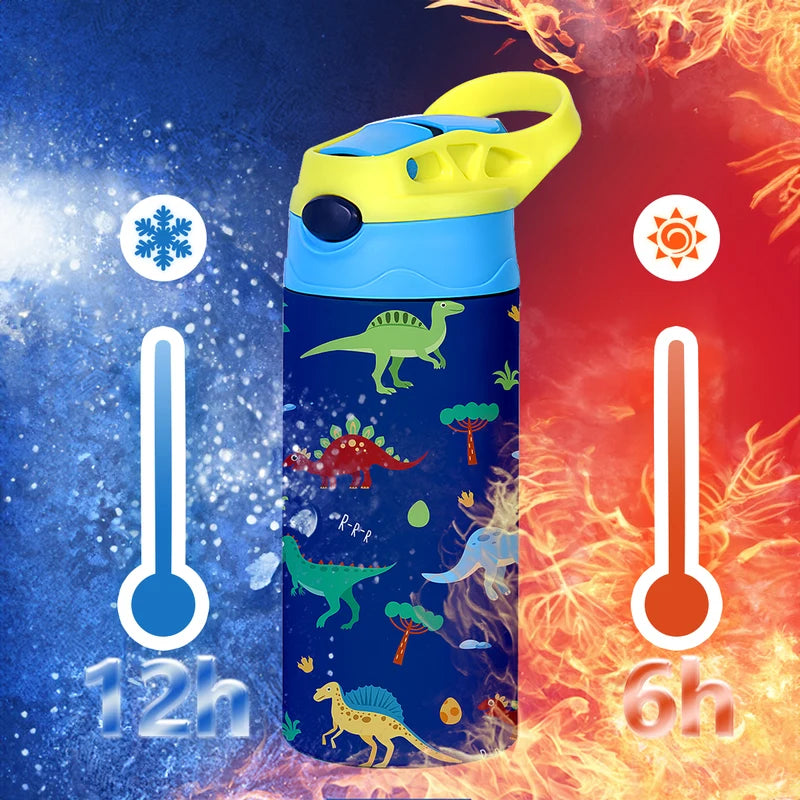350ml Insulated Cartoon Kids Water Bottle with Straw - Animal Pattern Thermos Mug