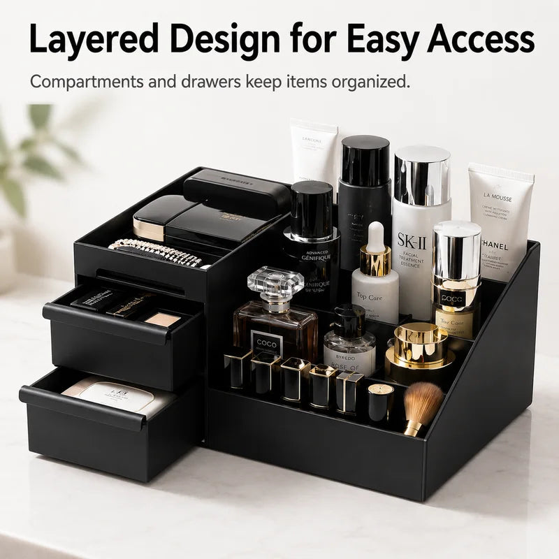 Desktop Makeup Organizer with Drawers - Black Cosmetic Storage Box for Vanity