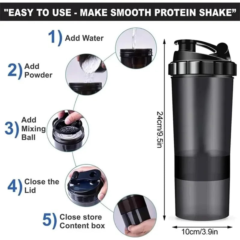 3-Layer Protein Shake Bottle with Water Bottle Function - Durable Plastic Mixing Cup for Fitness