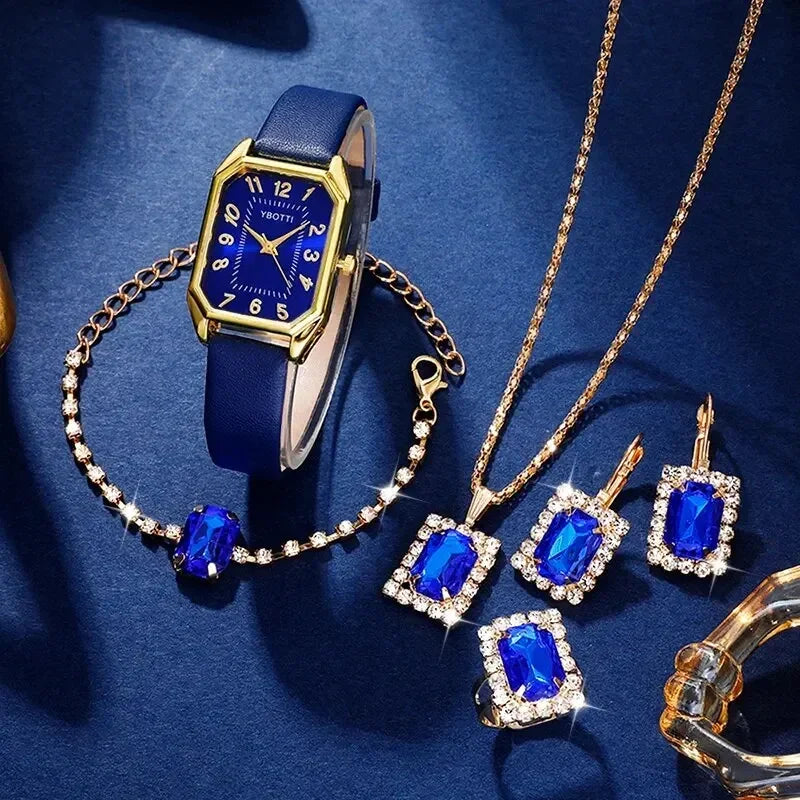 Luxury Women's Square Watch with Blue Leather Band - Classic Quartz Femininine Wristwatch