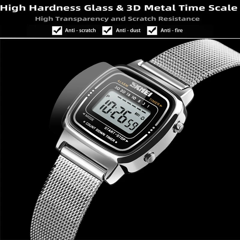 Women Digital Sport Watch Waterproof Stainless Steel Band Casual Luxury Wristwatch