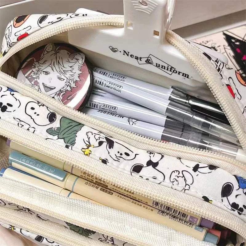 Kids Cartoon Snoopy Pencil Case Multi Layer Canvas Drawstring Pen Bag School Supplies