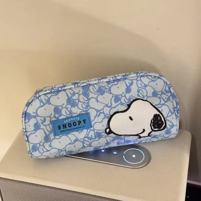 Cute Snoopy Pencil Case with Bone Pulling Makeup Bag - Blue Cartoon Travel Storage
