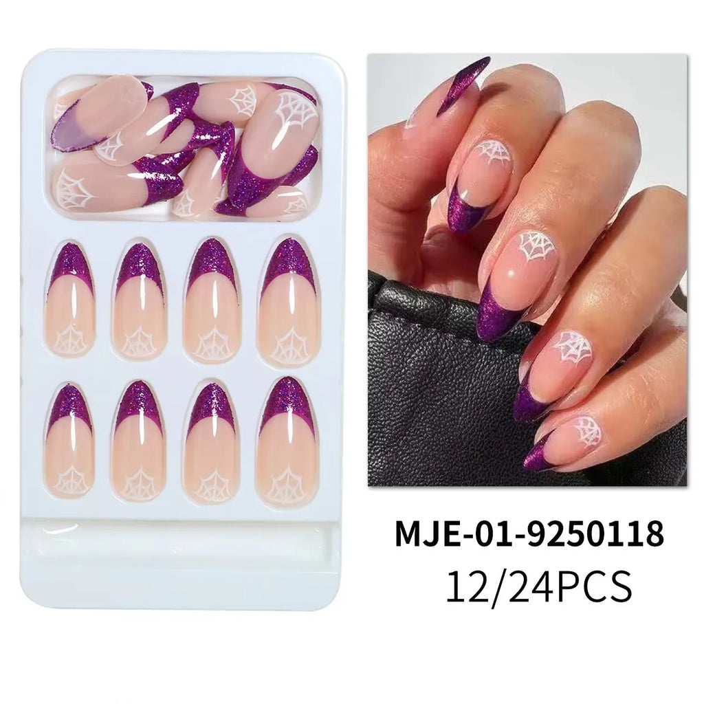 24 Pcs Halloween False Nail Set with Tools - Realistic Almond Stick-On Nails for Women