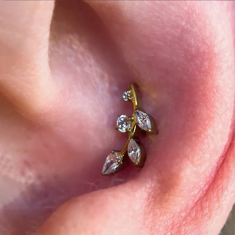 Marquise Zircon Leaf Piercing Stud 16G Titanium Earring for Tragus Conch Helix