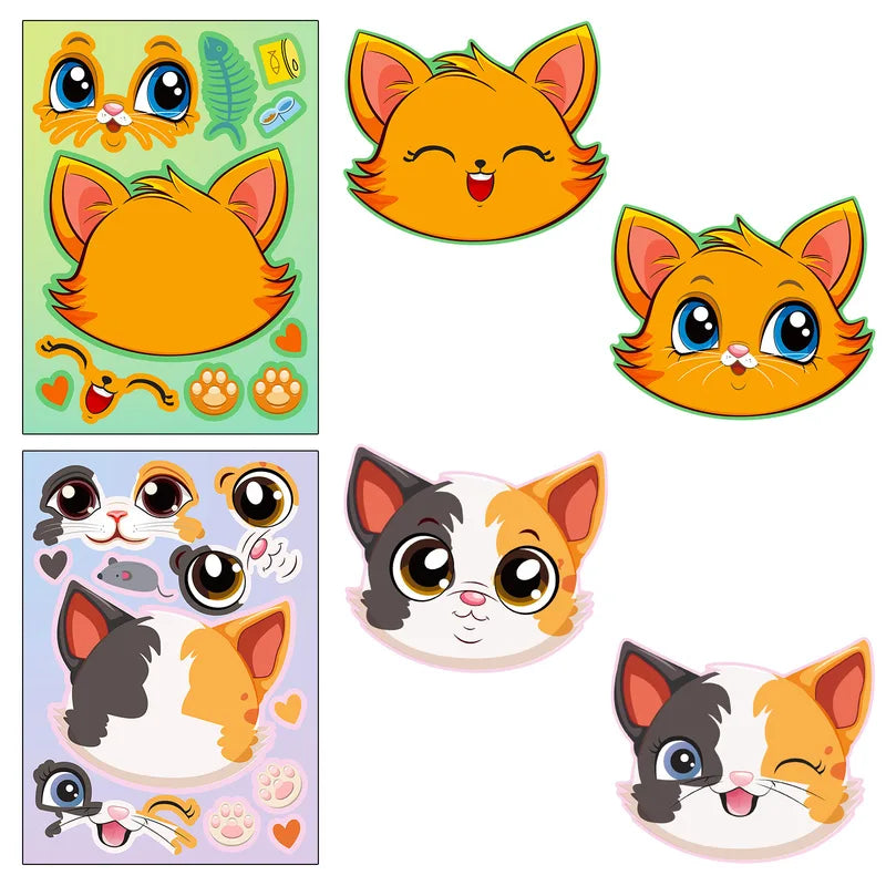 6pcs Cartoon Cat Face Changing Puzzle Stickers Kids DIY Face Toy Animal Accessories