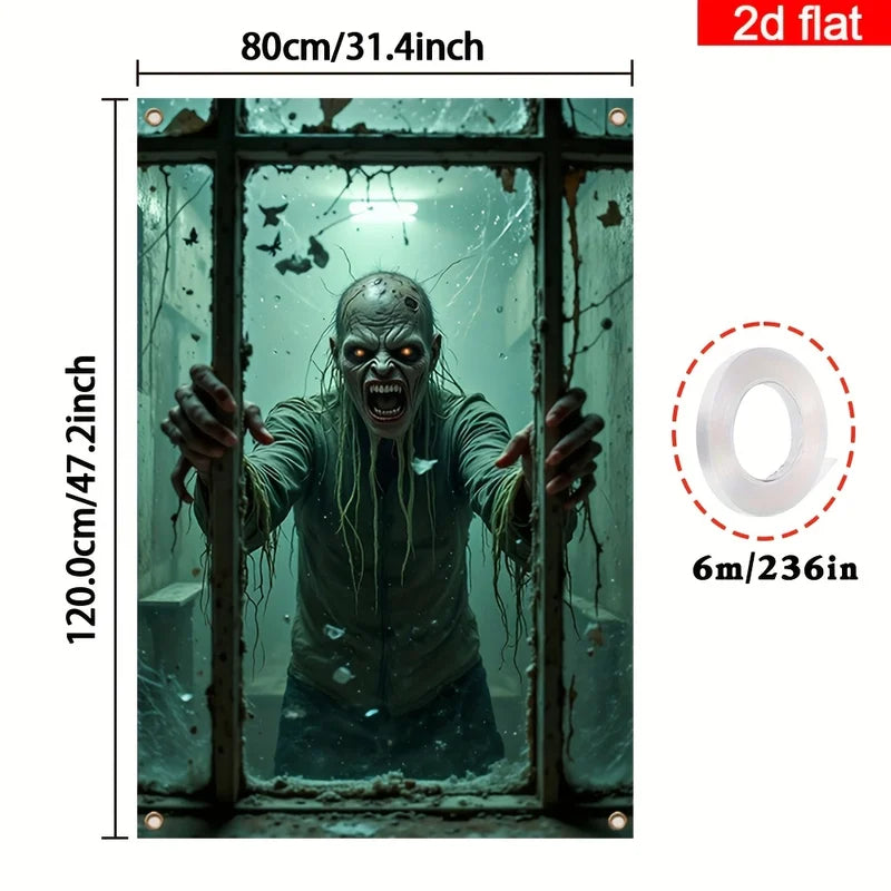 Halloween Window Banner with Zombie Hands & Cracked Glass Design - Polyester Decoration