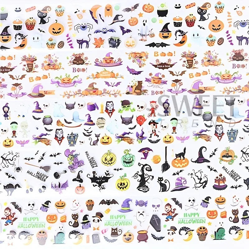 Halloween Nail Transfer Foils Set - Black Cat Bat Pumpkins Witches Starry Sky 10 Rolls