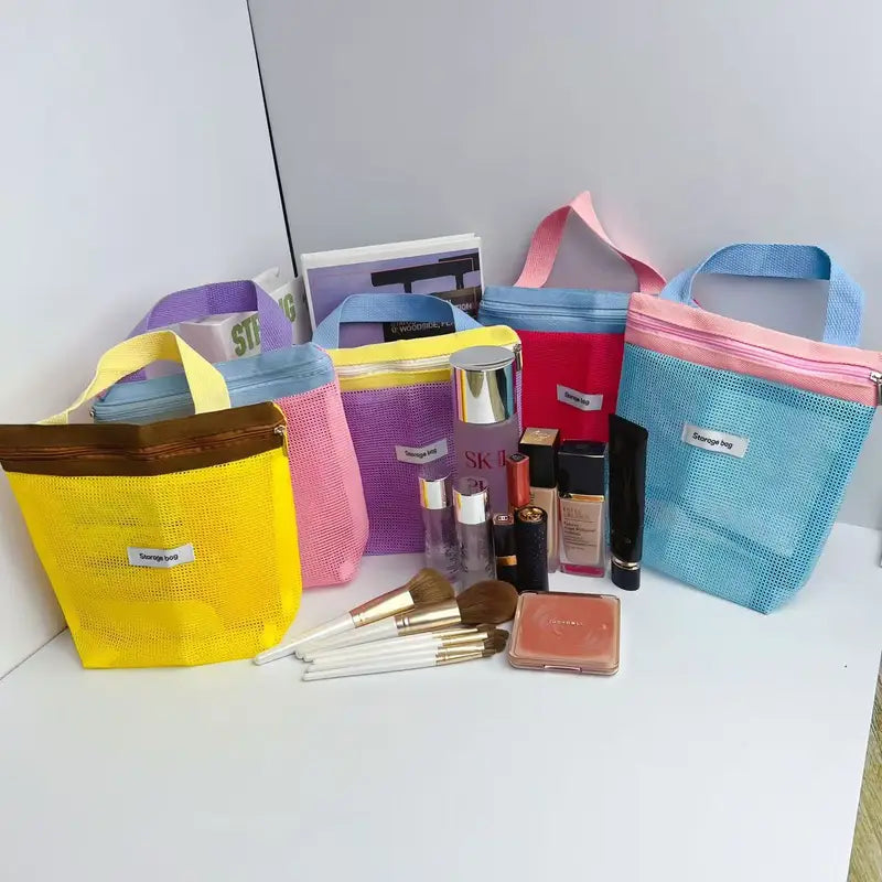 Vibrant Summer Mesh Tote Bag - Foldable Portable Cosmetic & Beach Bag