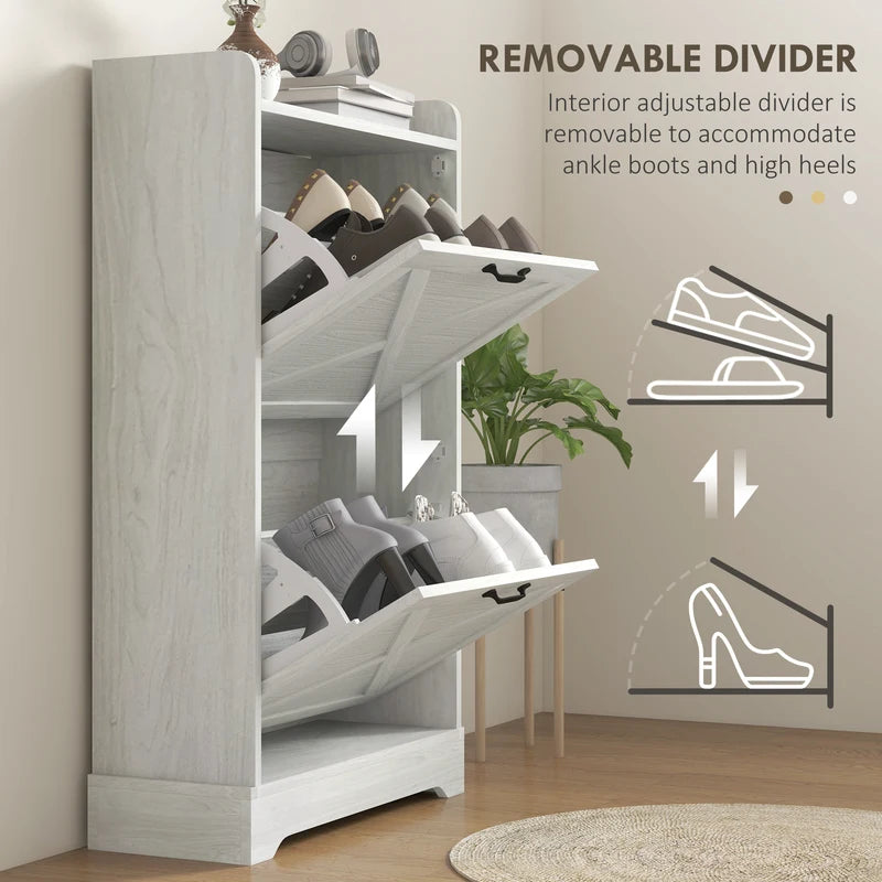 Farmhouse Style Shoe Cabinet with 2 Flip Drawers and Adjustable Shelves, Distressed White Entryway Storage
